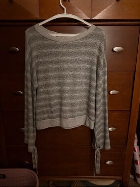Project Social T Gray Striped Crewneck Sweater with Tie Cuffs